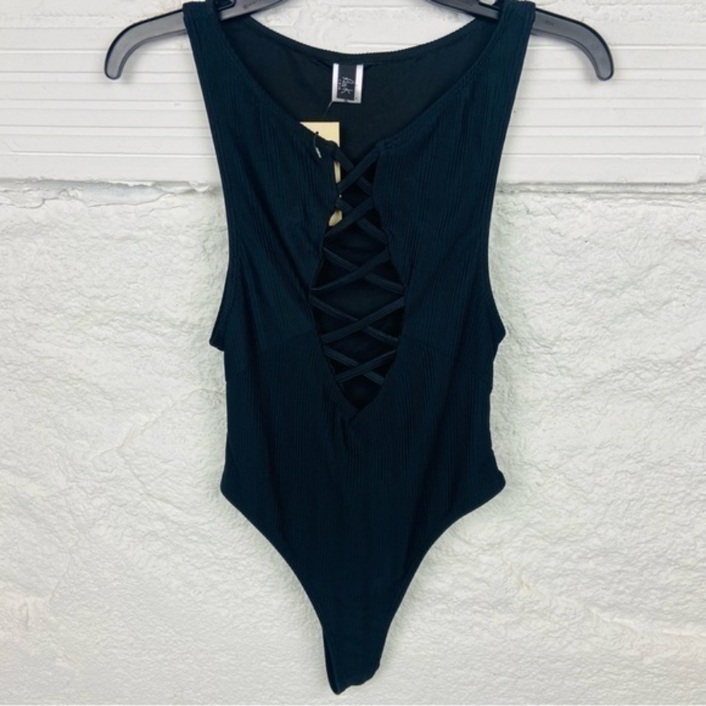 NWT RIS-K black deep V crisscross high cut sexy one piece swimsuit size small